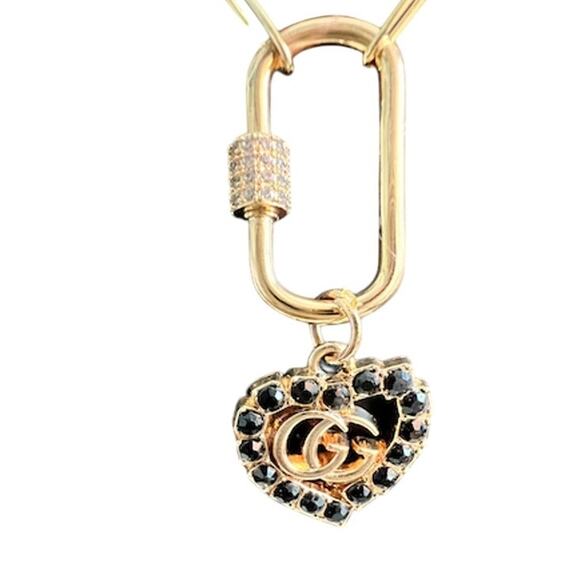 Gucci Gold & Black Heart Pendant with Paper Clip Carabiner Necklace (GGXX030) - Picture 2 of 5